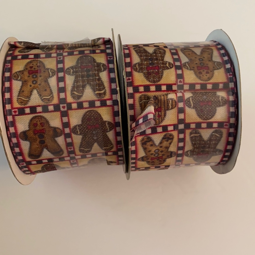 2 rolls gingerbread man ribbon rustic farmhouse Buffalo plaid Christmas holiday